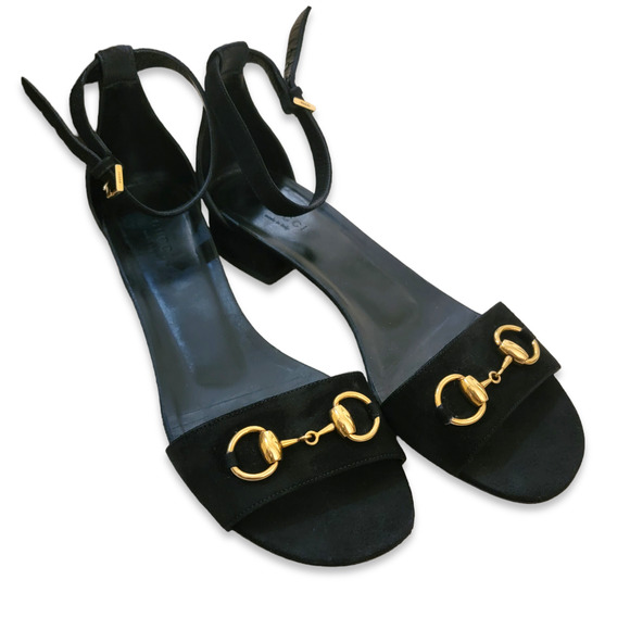 Gucci Suede Sandals Horsebit 38.5 Low Heel Black Gold Ankle Strap 338960 - Picture 1 of 15
